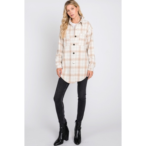 SOLD OUT Beige Plaid Flannel Oversized Shacket Shirt Jacket - Picture 6 of 9